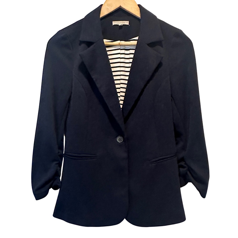41 Hawthorn Soft Knit Blazer Women M Navy Ruched Sleeve Nautical Striped Office